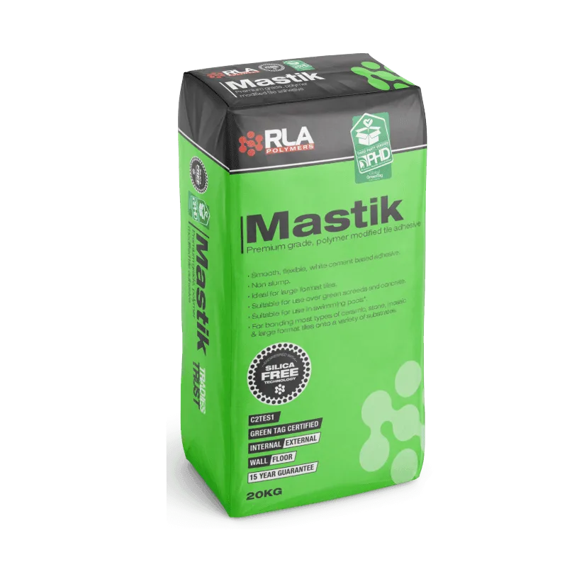 RLA Mastik premium polymer-modified tile adhesive 20kg bag.